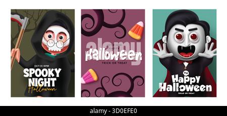 Spooky Halloween Card Template with Cute Vampire, Grim Reaper, Candy, and Festive Design Stock Vector