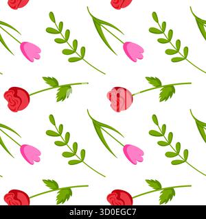 Seamless pattern with red and pink roses and green leaf on white background in flat style. Design for romantic floral textile wallpaper or wrapping Stock Vector