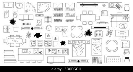 Black and white furniture outline set with tables, chairs, sofas, beds and home elements. Great for architecture plans, interior design, layouts and p Stock Vector