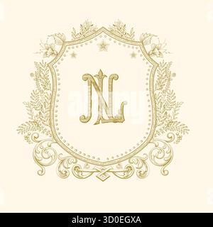 Elegant letter NL logo emblem design in gold for invitations. Stock Vector