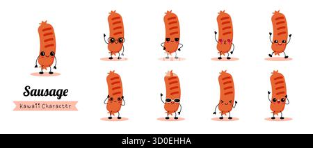 Cute sausage illustrations with adorable faces in kawaii style. Funny and joyful concept perfect for restaurant branding, children menu, or sticker de Stock Vector