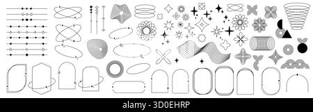 Modern minimalist aesthetic line elements, trendy frames with stars, geometric forms. Stock Vector