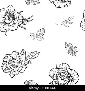 Rosebuds, leaves and flowers sketch. Vector illustration.Graceful roses, seamless pattern, isolated on a white background. For postcards, invitations Stock Vector