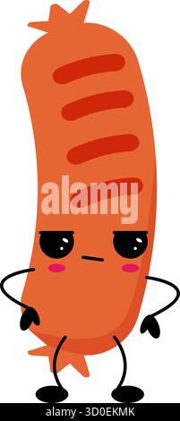 Funny cartoon sausage character with angry emotion, isolated on white background, playful and humorous food illustration for stickers and kids design. Stock Vector
