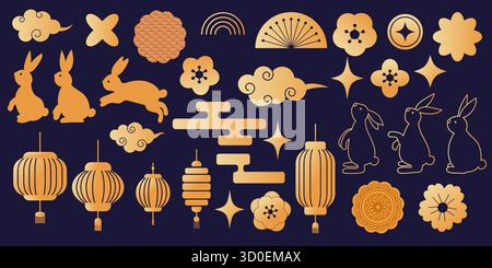 A set of Mid Autumn Festival designs featuring lanterns, rabbits, and flowers on a dark blue background. Stock Vector