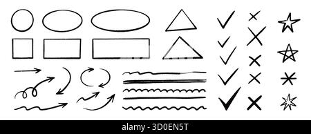 Chalk check mark arrow collection. Blackboard doodle style symbols, sketchy pencil quotes, checkboxes and hand drawn crayon underline. Pencil chalk stroke texture highlight, arrow. Vector illustration Stock Vector