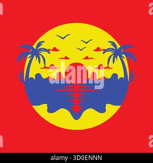 A stunning tropical sunset illustration featuring palm trees by the sea during evening twilight. Perfect for travel, summer, and nature design project Stock Vector