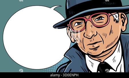 Vector illustration of an elderly detective in retro hat and glasses with a speech bubble on the left. Pop art hand drawn banner suitable for poster e Stock Vector
