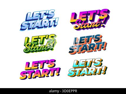 A collection of colorful and stylized text graphics featuring the phrase Lets Start! in various designs and fonts. Stock Vector