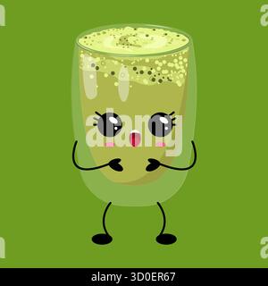A kawaii-style illustration of a smiling matcha drink, perfect for food and beverage designs targeting a fun and youthful audience. Stock Vector