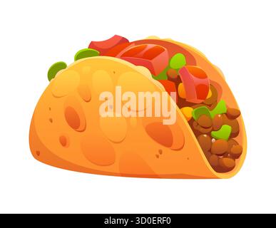 Cartoon tacos Mexican fast food snack. Isolated vector Tex mex fastfood takeaway meal made of corn or wheat tortilla with grilled chicken meat, beans and fresh vegetables like tomatoes and lettuce Stock Vector