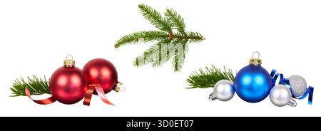 set of christmas balls with fir tree branch decoration isolated on white Stock Photo