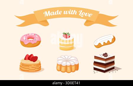Collection of colorful bakery desserts including donut, cake, eclair, pancakes and tiramisu. Cute flat style vector illustration for menu, cafe poster Stock Vector