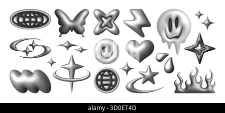 Chrome y2k 3d object collection with metallic butterfly, melting smiling face, heart shape and star elements for retro aesthetic design. Grid spheres, flames and cloud forms in silver gradient style. Stock Vector