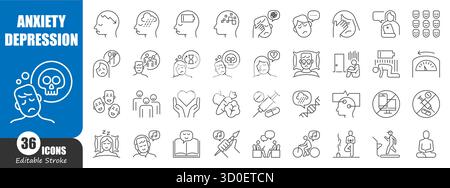 Anxiety and depression disorder thin line icon . Editable stroke . Vector . Stock Vector