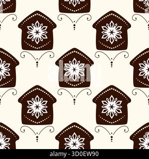 Brown gingerbread house with snowflake decor. Cozy winter holiday seamless pattern. Brown houses with white snowflakes on light beige background. Warm Stock Vector