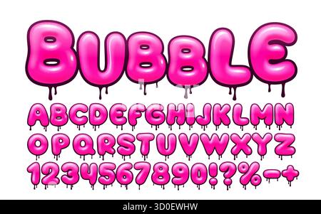 Sweet Pink Bubble Font with Dripping Effect. A fun and glossy alphabet for playful designs. Vector illustration Stock Vector