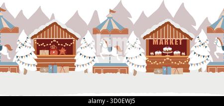 Seamless vector border. Winter amusement park, Christmas market, winter town, Christmas street. Christmas fair, market, stalls, carousel with horses, Stock Vector