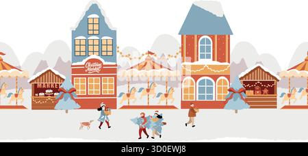Seamless vector border. Winter amusement park, Christmas market, winter town, Christmas street. Christmas holiday fair, carousel with horses, Christma Stock Vector