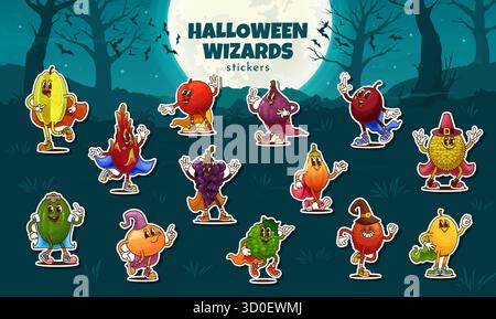 Cartoon Halloween groovy fruit characters with cloaks and hats. Stickers pack of funny grape, apple, mango, rambutan and starfruit, apple, pear and orange. Lychee, papaya and melon with bergamot Stock Vector