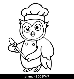 chef owl cooking character restaurant cook chef poster clipart funny icon drawing coloring page for kids Stock Vector