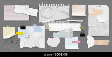 Ripped paper pieces and sticker notes on grey background. Vector realistic illustration of torn notebook pages attached with adhesive tape, office to do list, notice sheets and pins, clips, binders Stock Vector