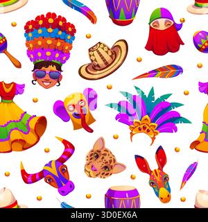 Barranquilla Colombian carnival characters vector seamless pattern. Jaguar and donkey head, vallenato hat, marimonda mask, feathers, maracas and drums. Colombian holiday tile background or print Stock Vector
