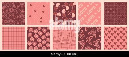 Seamless y2k love patterns set. Vector illustration of cute retro patterns with pink heart cherries, flowers, butterflies and wireframe design on red background, vintage girly wallpaper aesthetic Stock Vector