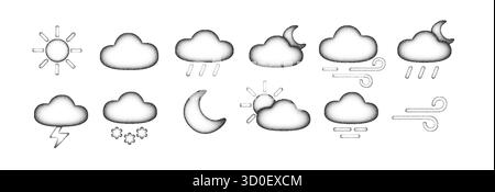 Weather sketch icons with sun, clouds, rain, snow, moon and wind. Handdrawn weather doodle set, cute vector illustration with pencil texture and Stock Vector