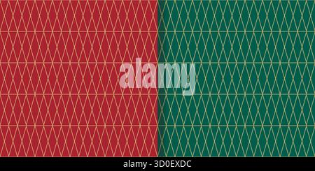 Art Deco seamless patterns set. New Year's and Christmas backgrounds with lines and geometric shapes. Red and green prints with gold decor for fabrics Stock Vector