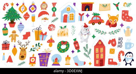Vibrant Christmas illustration showcasing a variety of festive elements including trees, gifts, ornaments, and holiday characters, creating a joyful a Stock Vector