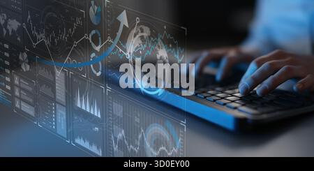 Business Analytics and Financial Data Visualization on Futuristic Digital Dashboard. Stock Photo