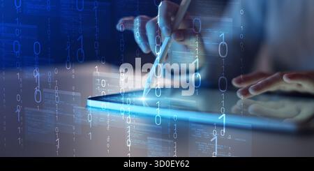 Digital Data Stream and Binary Code Visualization on Virtual Interface. Stock Photo