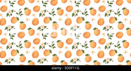 A cute peach pattern featuring fresh peaches, leaves, and blossoms. Ideal for spring and summer themes, perfect for fabric, wallpaper, or greeting car Stock Vector