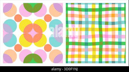 Set of naive vibrant seamless patterns with abstract contemporary shapes and checkered print. Minimalistic graphic bauhaus design in vibrant colours. Scandinavian nursery print. Riso effect Stock Vector