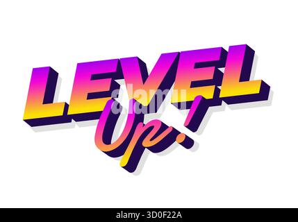 A vibrant and colorful graphic text design featuring the phrase LEVEL UP! in bold, 3D style with a gradient of purple and yellow hues. Stock Vector