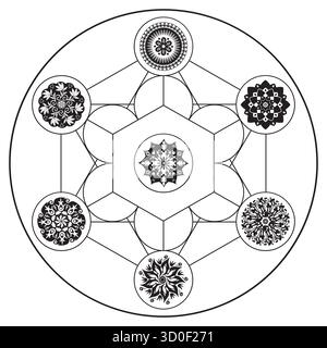 Metatron's Cube Illustration Black and White Colors Sacred Geometry Symbol Vector Design Circle Spirituality Universe Mandala Star Stock Vector