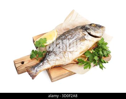 Tasty grilled fish with lemon and parsley isolated on white Stock Photo