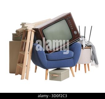 Garage sale. Different used stuff isolated on white Stock Photo