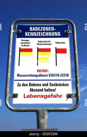 Warning sign, bathing zone marking on the North Sea, lifeguard, bathing ban, Germany Stock Photo