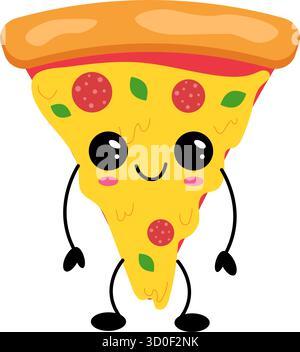 Cartoon pizza slice character with big eyes and happy smile. Fun kawaii illustration of pepperoni pizza for fast food design, cafe menu, packaging and Stock Vector