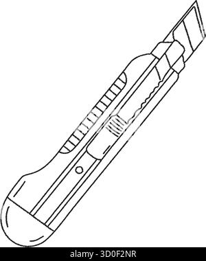 A box cutter style tool shows a sliding mechanism and notched blade for trimming cardboard and film Stock Vector