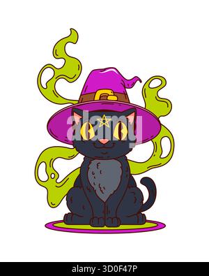 Groovy Halloween cat in witch hat with green smoke Stock Vector