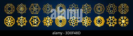 Ramadan ornament icons with golden geometric patterns, islamic stars and shapes for religious decoration. arabesque motifs, Circle designs with intricate linework for festive celebration backgrounds Stock Vector