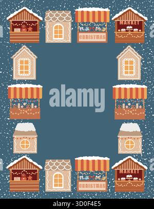 New Years card template with space for text. Christmas rectangular frame. Vector flat illustration of hand-drawn Christmas market stalls and tents, gi Stock Vector
