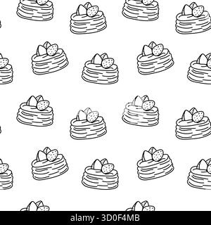 Black and white seamless bakery pattern with cakes and strawberries. Hand drawn doodle style, perfect for packaging, textile, wallpaper, and design pr Stock Vector