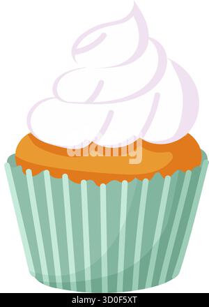 Vector illustration of a muffin in green paper cup decorated with creamy topping,simple flat design for bakery menu,stickers or kids projects Stock Vector