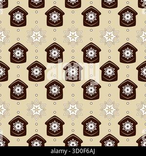 Horizontal rows of gingerbread houses and snowflakes. Brown houses and white snowflakes on beige background. Winter holiday seamless pattern in warm s Stock Vector