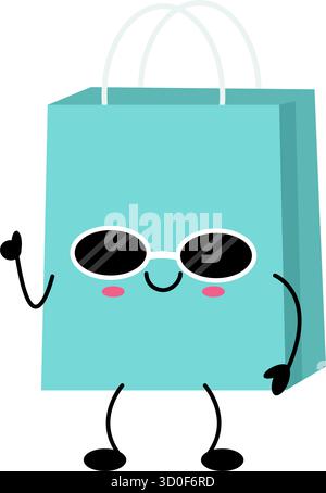 Kawaii shopping bag character features a vibrant turquoise color, wearing stylish sunglasses, and has a cheerful expression. This playful design adds Stock Vector