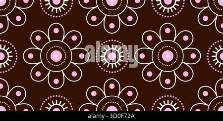 Seamless pattern with floral round elements. White pink circular motifs on dark brown background. Flowers delicate mandala vector illustration. Tradit Stock Vector